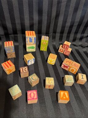 Vintage Wooden Alphabet and Picture Blocks in Primary Colors